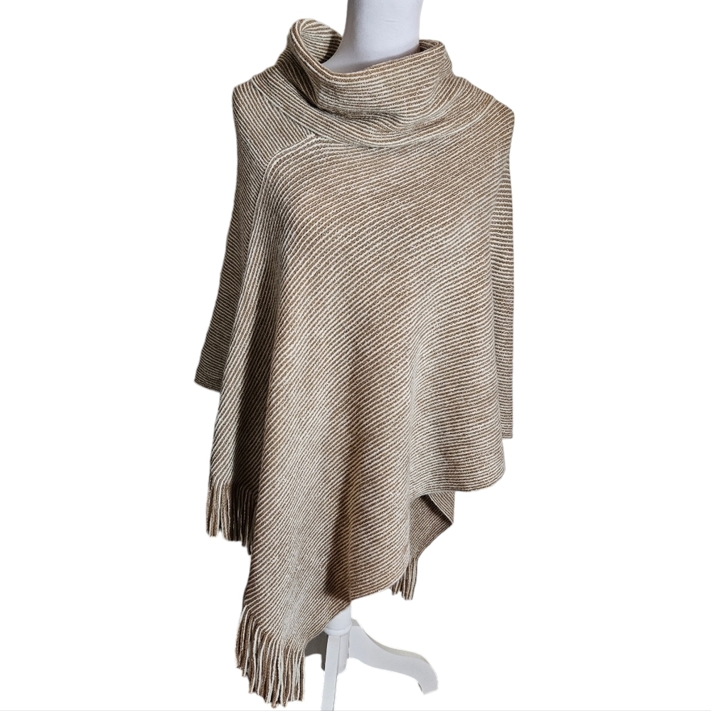 Chicos Metallic Gold Striped Poncho One Size Cowl Neck Fringed Knit Quiet Luxury